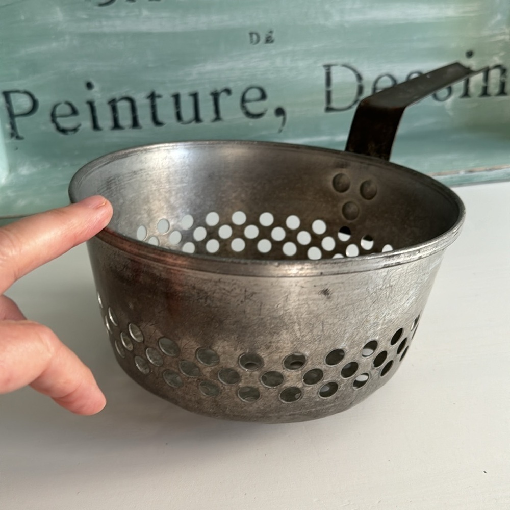 Vintage Aluminum Colander Fryer Basket with Handle Industrial Farmhouse Cottage